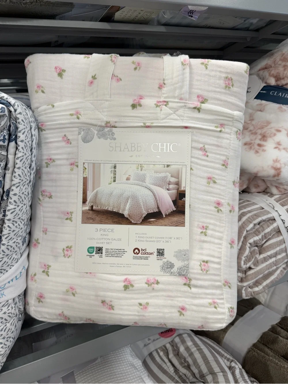 Shabby Chic Pink 3 PC King Gauze Duvet Set Pink Rose with Ruffles ~ Matching Bag - Picture 16 of 16